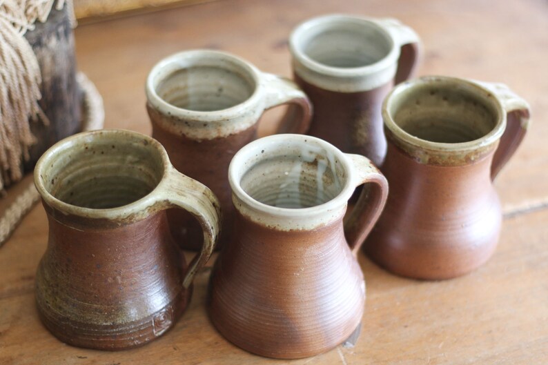 Set of 5 vintage glazed stoneware tumblers, mugs, water, lemonade, cider goblets, medieval sandstone cups, pottery cups France 40s image 4