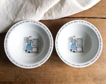 Bibliothèque Nationale - Set of 2 porcelain breakfast bowls, kids pattern, retro bowl, petit dejeuner, farmhouse - Boutet de Monvel - France