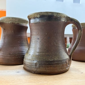 Set of 5 vintage glazed stoneware tumblers, mugs, water, lemonade, cider goblets, medieval sandstone cups, pottery cups France 40s image 5