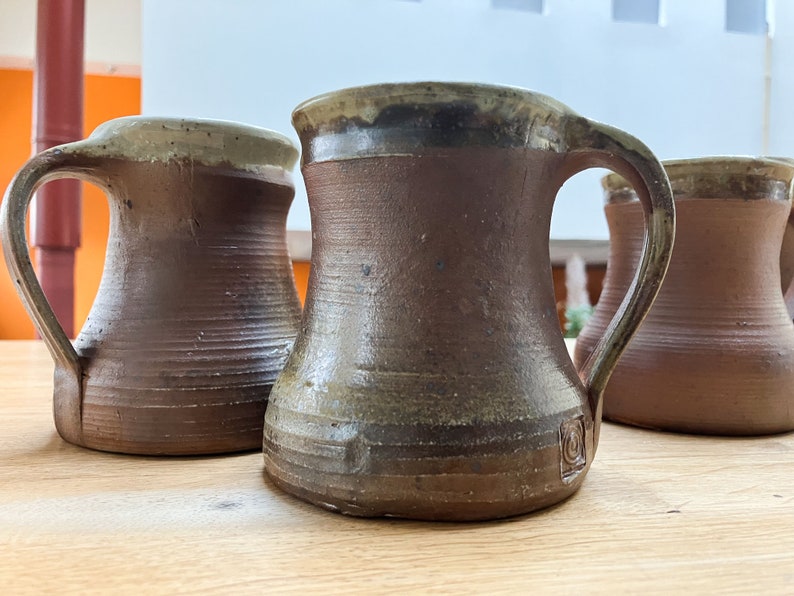 Set of 5 vintage glazed stoneware tumblers, mugs, water, lemonade, cider goblets, medieval sandstone cups, pottery cups France 40s image 5