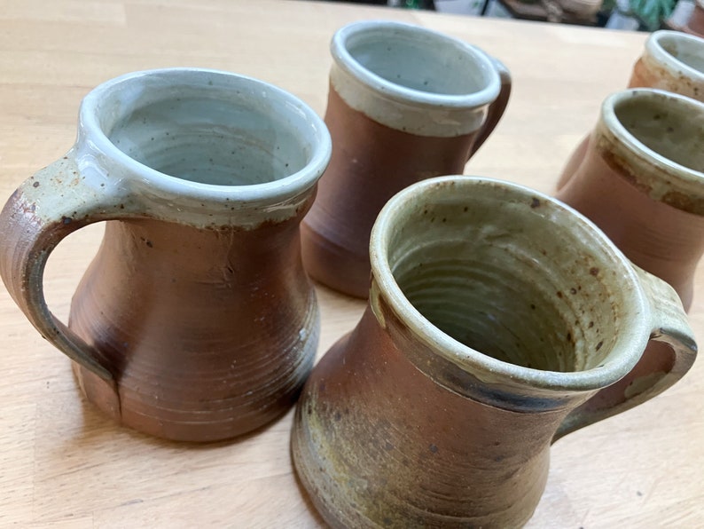 Set of 5 vintage glazed stoneware tumblers, mugs, water, lemonade, cider goblets, medieval sandstone cups, pottery cups France 40s image 6