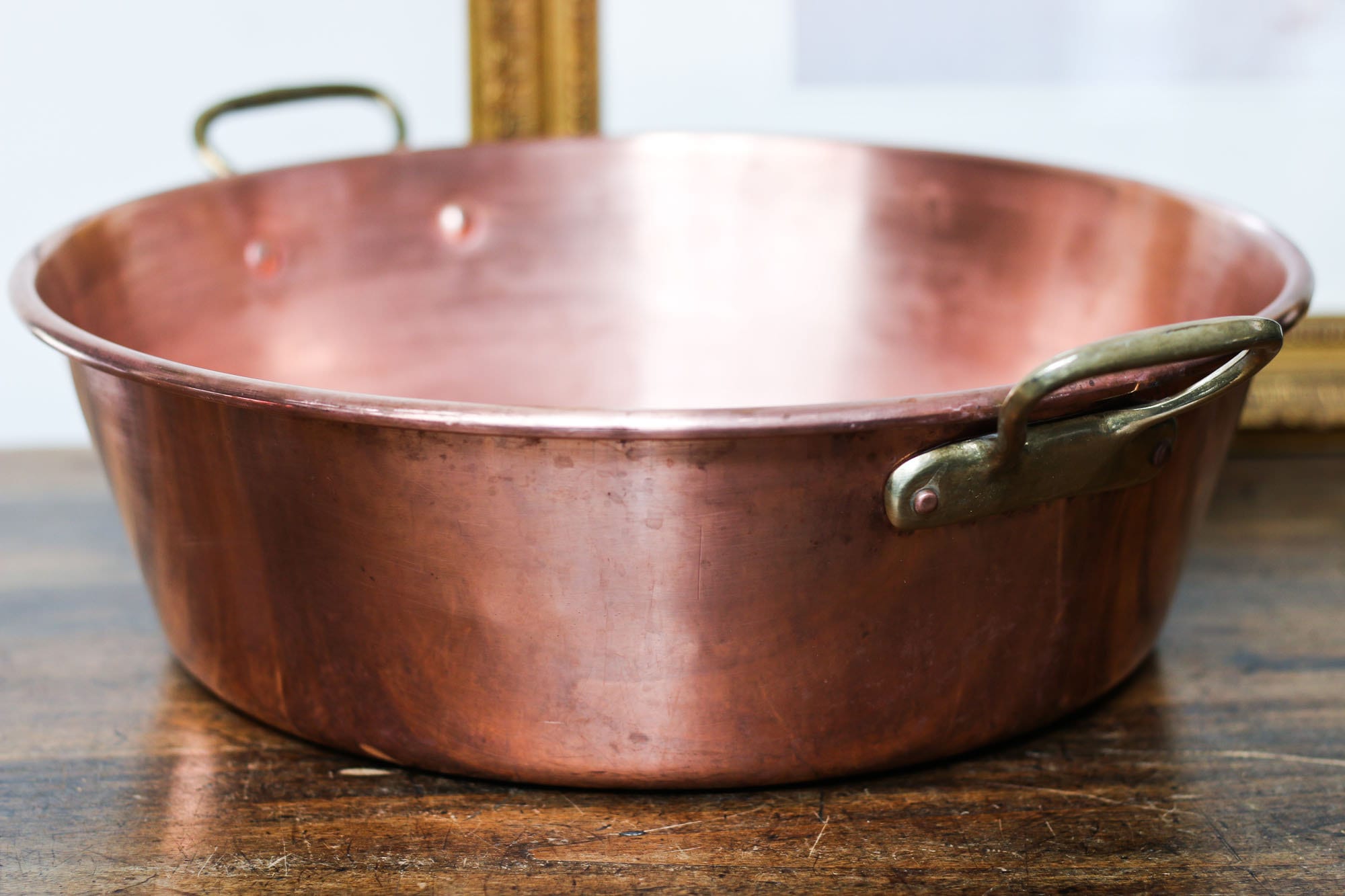 Grand Bassin en Cuivre Vintage, Ustensiles de Cuisine, Poignées Laiton, à Confiture Antique, Marmite