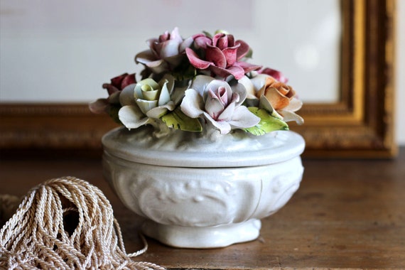 Vintage Capodimonte dish, floral lid, white porce… - image 1