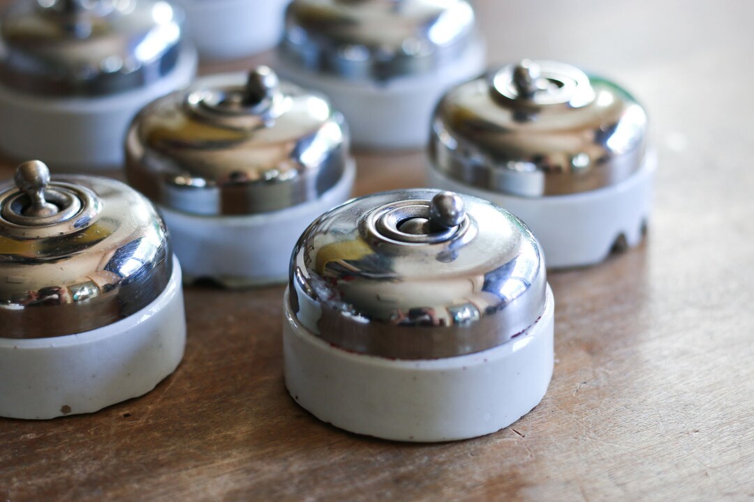 2 Vintage Ceramic Light Switch, Chrome Silver Lid, Round Toggle Switch ...