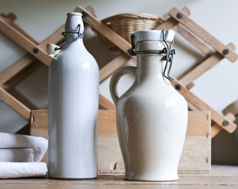 Vintage sandstone bottle, earthenware drinking jar, stoneware, 0.75l and 1l, ceramic jugs, farmhouse, rustic pottery, olive oil - France 30s