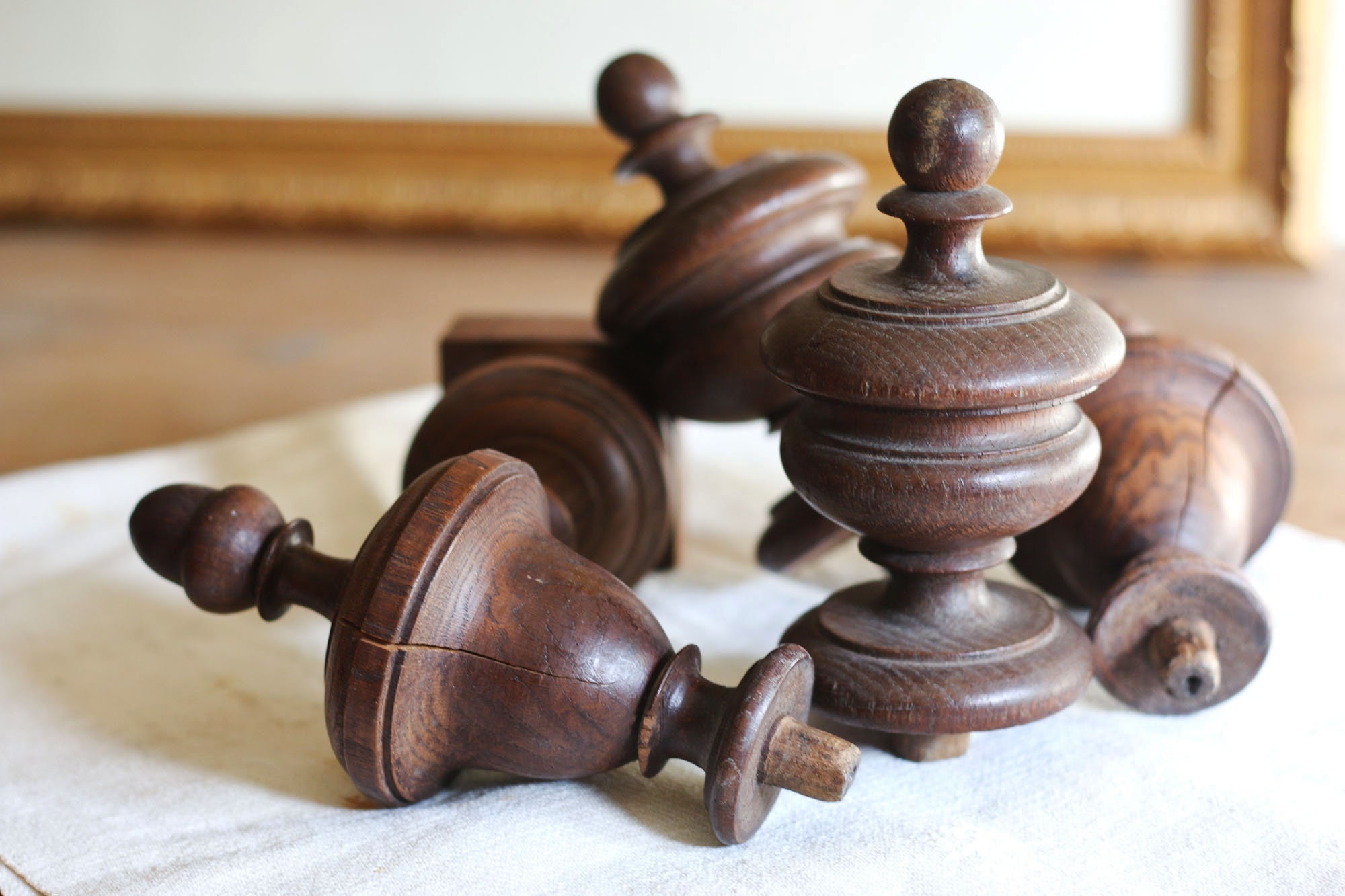 Vintage Carved Wood Finials Toppers for Furniture Curtain Rods.  Architectural Decor Stairwell or Drapery Hardware Repurpose- Set of 2