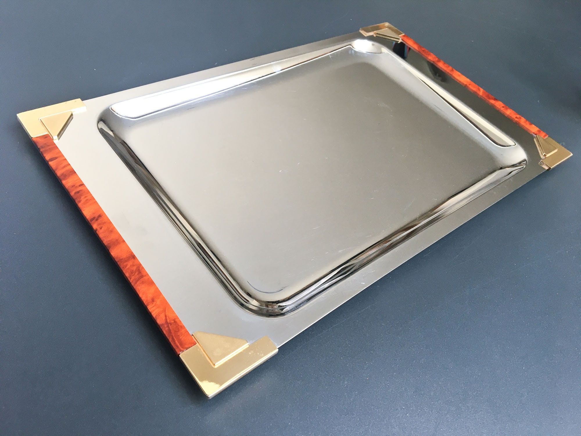 Guy Degrenne - Splendide Plateau Vintage en Inox, de Service Argent, Laiton et Bois Exotique, Argent