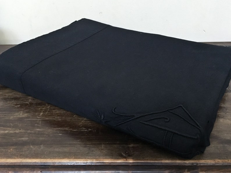 Dyed black vintage linen, large double flat sheet, french vintage linen, embroidered monograms, cotton France 30s image 6