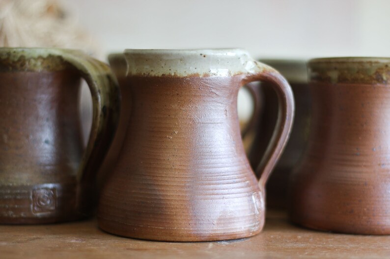 Set of 5 vintage glazed stoneware tumblers, mugs, water, lemonade, cider goblets, medieval sandstone cups, pottery cups France 40s image 3