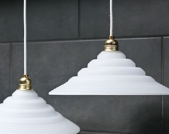 Art deco large frosted glass lamp, white pendant lights, vintage ceiling light, conical pyramid shades, lamp suspension, rings, France 30s