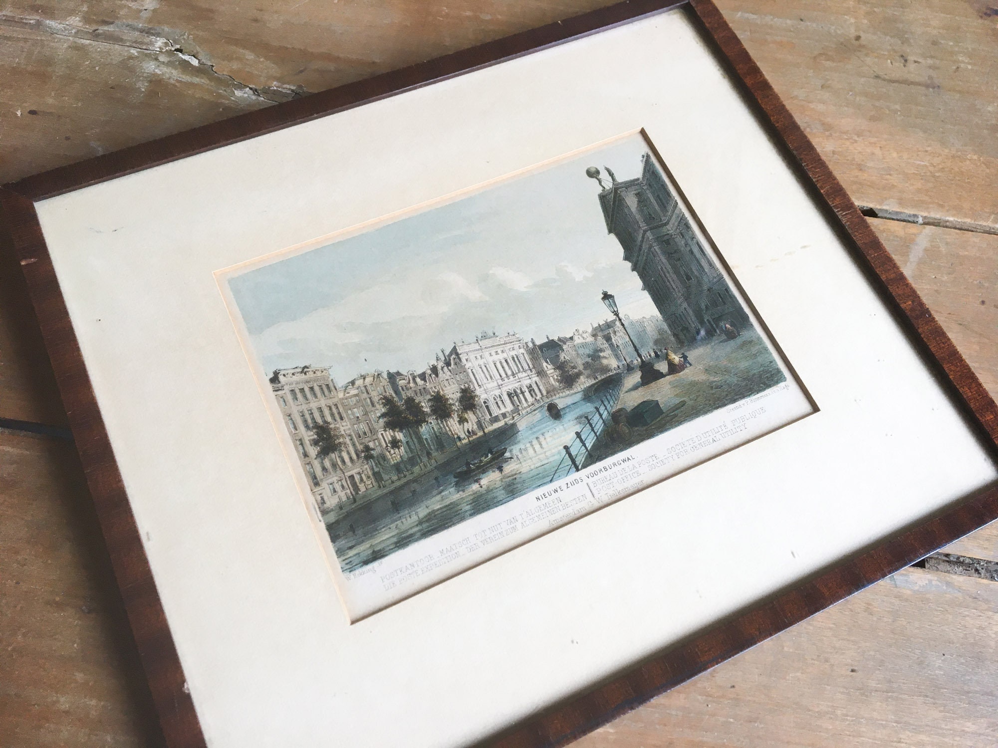 W. Hekking - Vintage Nederlands lithography with watercolor, wood frame, Amsterdam canals artwork print, antique city drawing - late 19th