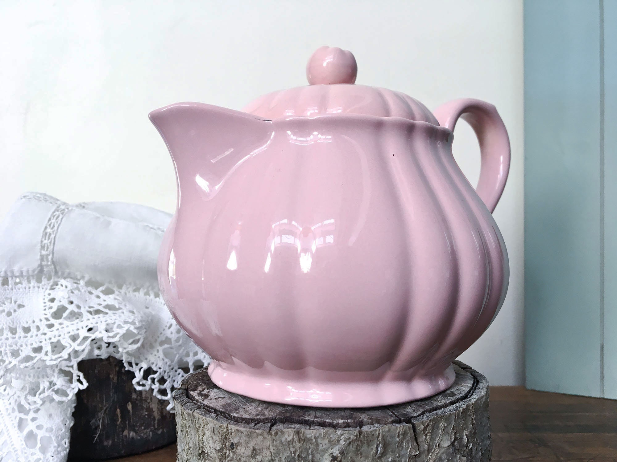 Salins, Théière Vintage Français Rose en Céramique - Pierre de Fer Émaillée Décor Côtelé Gaufré Teat