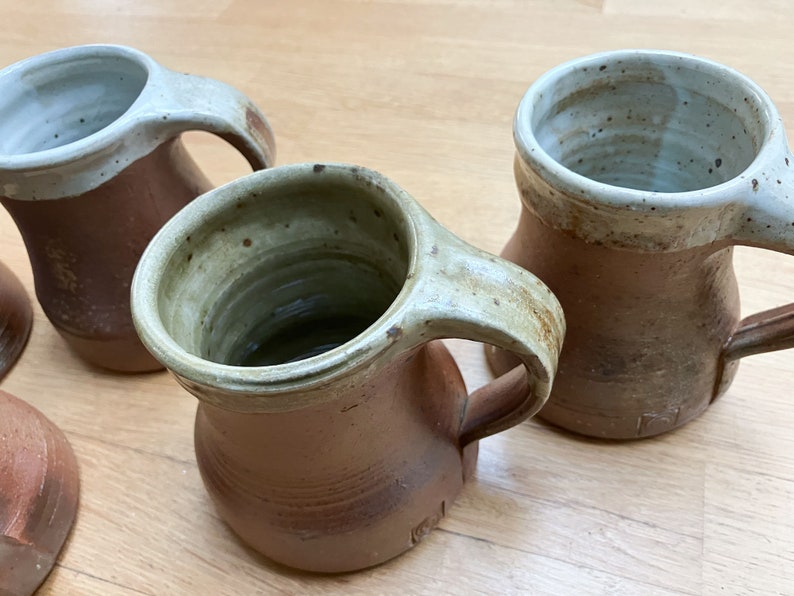 Set of 5 vintage glazed stoneware tumblers, mugs, water, lemonade, cider goblets, medieval sandstone cups, pottery cups France 40s image 7