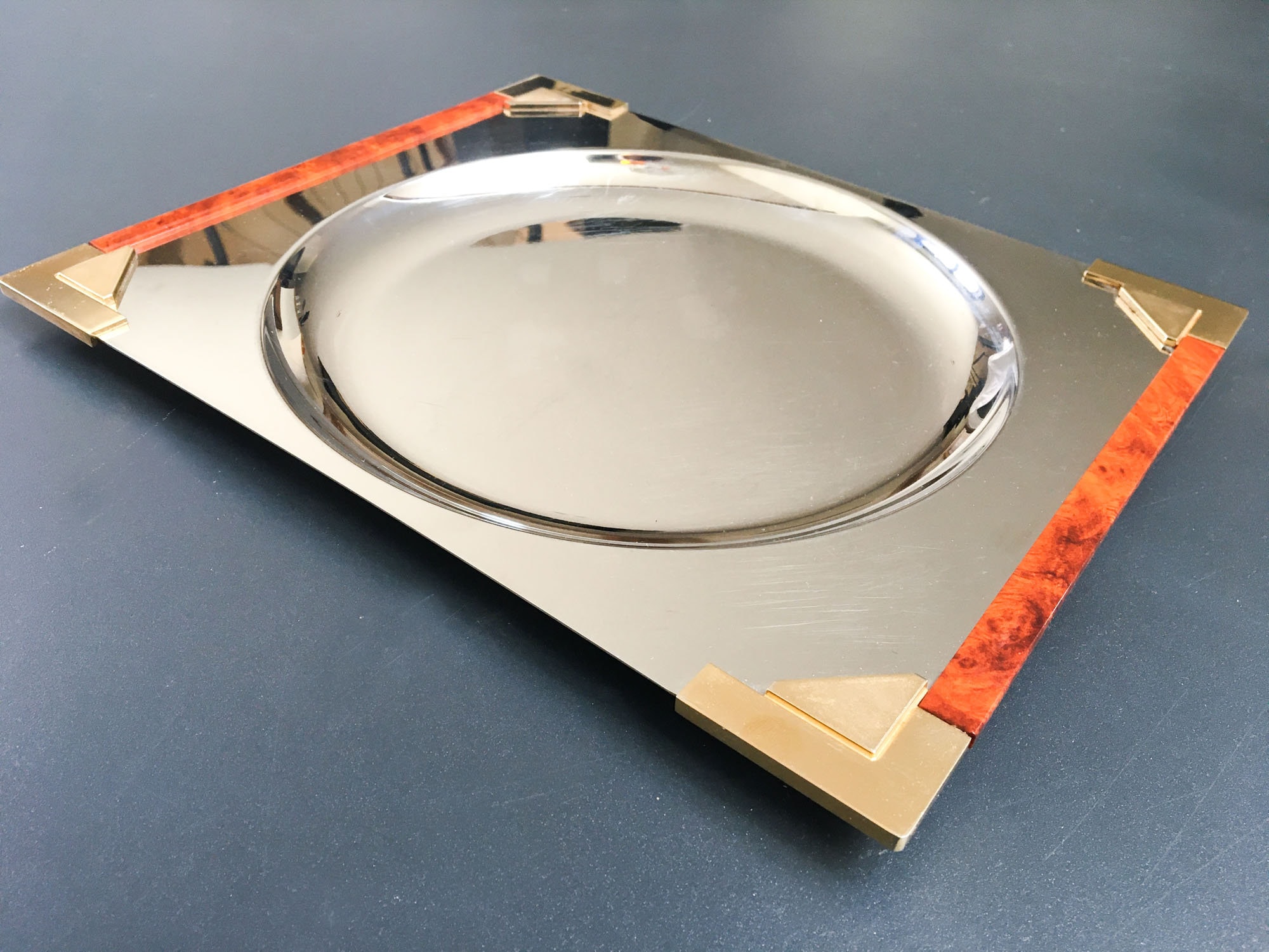 Guy Degrenne - Splendide Plateau Vintage en Inox, de Service Argent, Laiton et Bois Exotique, Argent