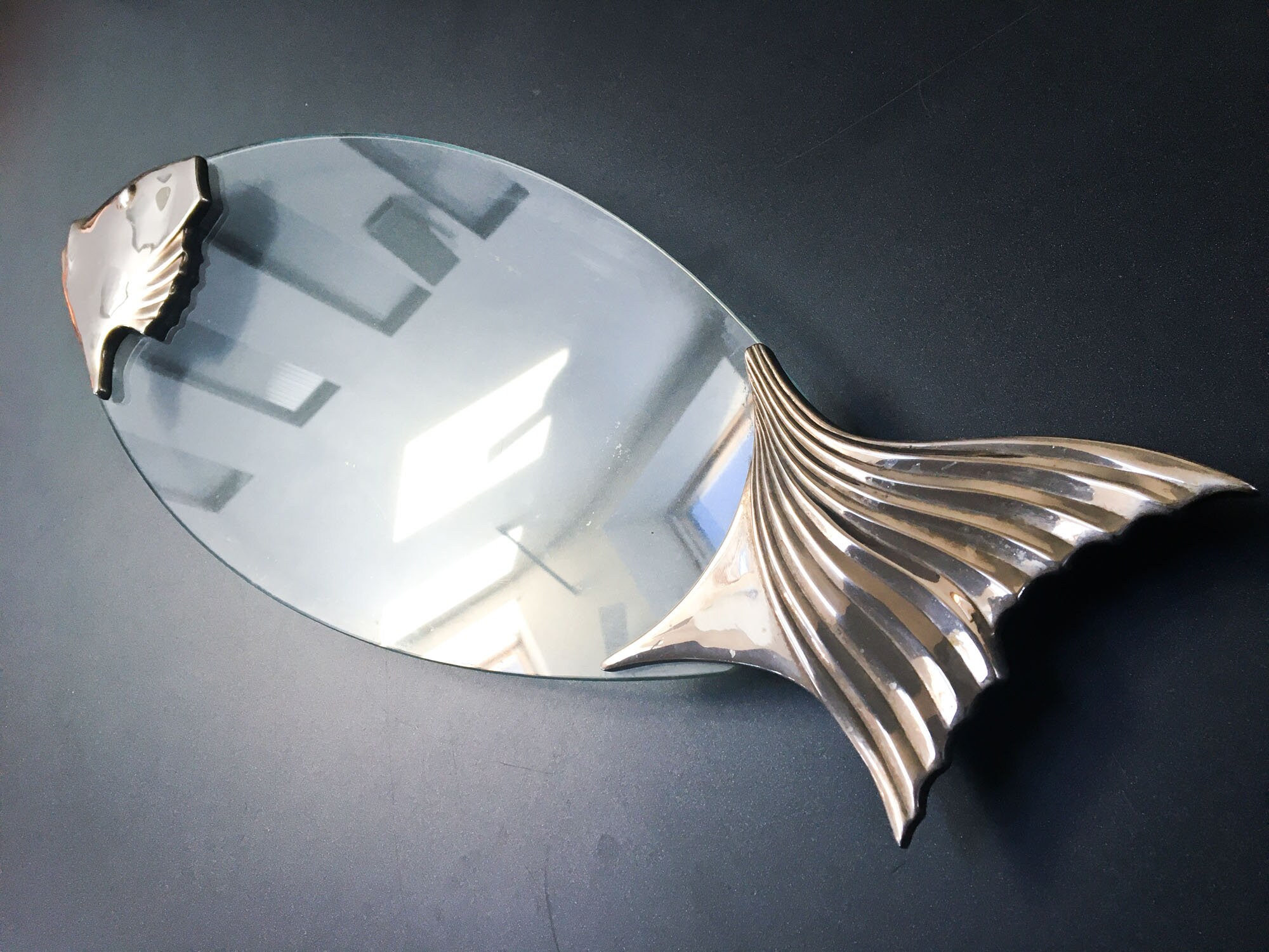 Silea - Plat Vintage Français Plaqué Argent et Verre, Plateau de Poisson, Argenterie Ancienne França