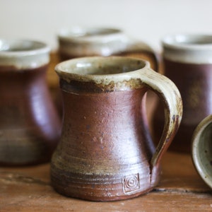 Set of 5 vintage glazed stoneware tumblers, mugs, water, lemonade, cider goblets, medieval sandstone cups, pottery cups France 40s image 2