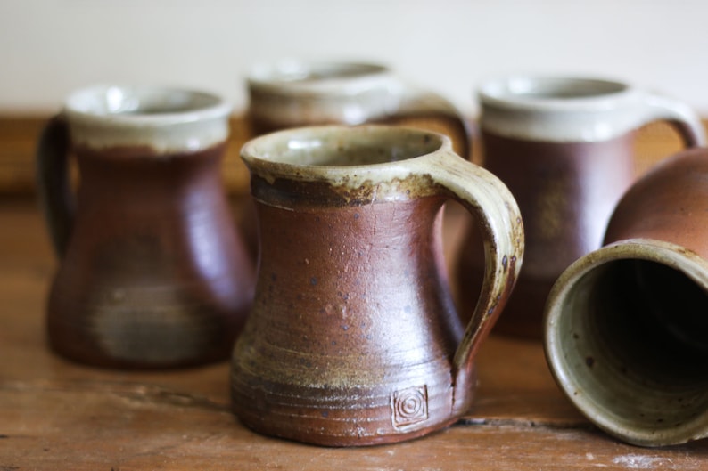 Set of 5 vintage glazed stoneware tumblers, mugs, water, lemonade, cider goblets, medieval sandstone cups, pottery cups France 40s image 2