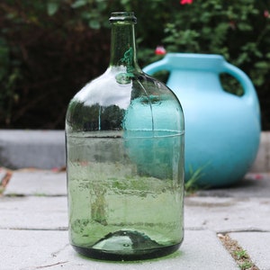 Vintage wine glass bottle, green jar, dame jeanne, french demijohn, french farmhouse, 5 liters, antique glassware - France 60s