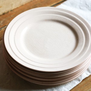 St AMAND, Adorable set of 8 vintage pink small plates - Dessert  ceramic plates - Salmon, powder pink color - Rings pattern, France 20s