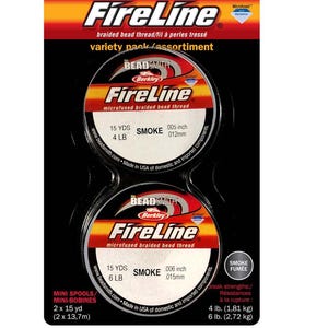May include: A package of FireLine braided bead thread in a variety pack. The package includes two mini spools of smoke-colored thread, each 15 yards long. One spool has a 4 lb. strength, and the other has a 6 lb. strength.