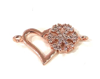 Heart&Snowflake Double Loop Rose Gold Plated Charms, Bracelet Charms, Connector Charms