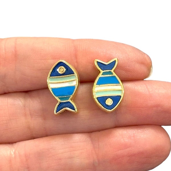 24Kt Gold Plated Double Side Enamelled Fish Spacer Charms, 2 pcs in a pack