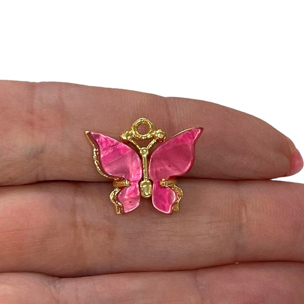 24Kt Laiton plaqué or fait à la main Fuchsia Résine Butterfly Charms, 20x16mm