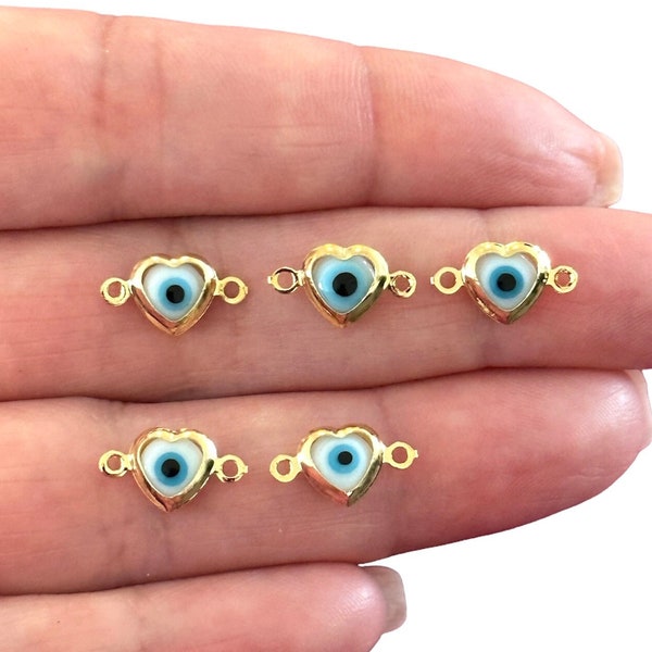 Dijes conectores horizontales de corazón y ojo turco de cristal blanco chapados en oro de 24 quilates, 5 unidades por paquete.