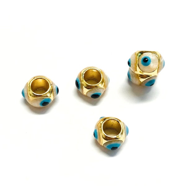 24Kt Gold Plated Brass Pandora Style Large Hole Evil Eye Spacers, 3 Pcs in a pack