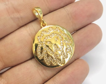 24Kt Gold Plated Brass Zirconia Zodiac Horoscope Sign, Constellation Medallion Pendant,  Celestial Astrology Charm for Necklace