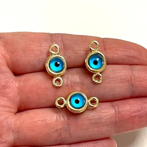 24Kt Gold Plated Double-Sided Double Loop Evil Eye Connector Charms, 3 pcs in a pack