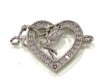 Heart&Tinkerbell Double Loop Silver Plated Charms, Bracelet Charms, Connector Charms