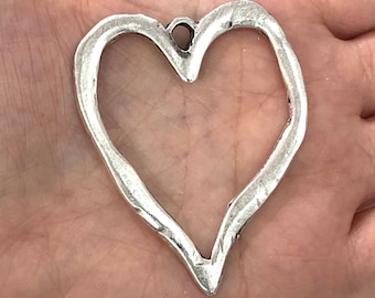 Antique Silver Plated Large Heart Pendant, Large Silver Heart Pendant, 57mm