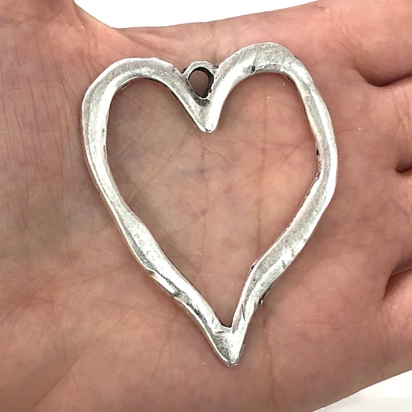 Antique Silver Plated Large Heart Pendant, Large Silver Heart Pendant, 57mm