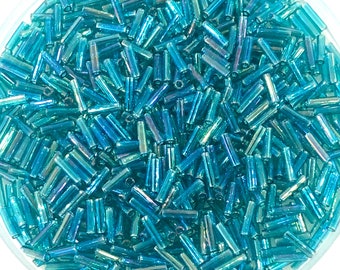 Miyuki Bugles size 6mm 2458 Transparent Teal AB 10 grams. Teal bugles 6mm, Transparent Teal bugles 6mm