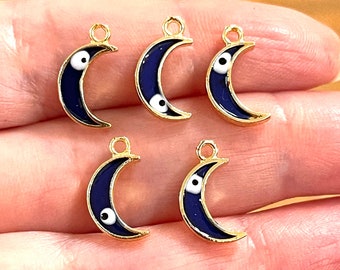 24Kt Gold Plated Brass Crescent Charms With Eye, Gold Plated Crescent Enamelled Charms, 5 pcs in a pack