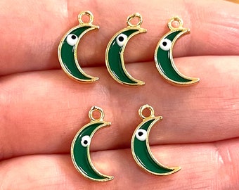 24Kt Gold Plated Brass Crescent Charms With Eye, Gold Plated Crescent Green Enamelled Charms, 5 pcs in a pack