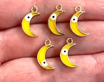 24Kt Gold Plated Brass Crescent Charms With Eye, Gold Plated Crescent Yellow Enamelled Charms, 5 pcs in a pack
