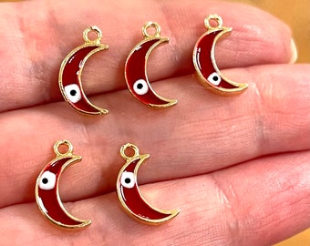 24Kt Gold Plated Brass Crescent Charms With Eye, Gold Plated Crescent Red Enamelled Charms, 5 pcs in a pack