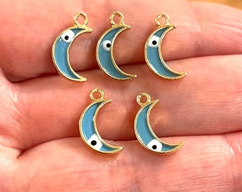 24Kt Gold Plated Brass Crescent Charms With Eye, Gold Plated Crescent Blue Enamelled Charms, 5 pcs in a pack