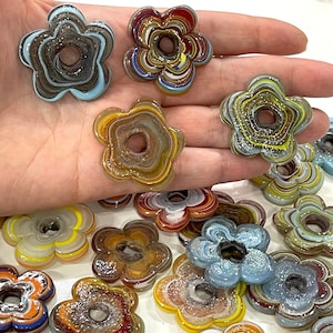 Artisan Handmade Chunky Marbled Glass Flower Beads, Size Between 35 - 40mm, 5 pcs in a pack