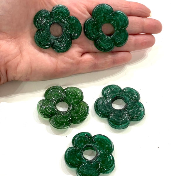 Artisan Handmade Chunky Green Glass Flower Beads, Size Between 35 - 40mm, 2 pcs in a pack