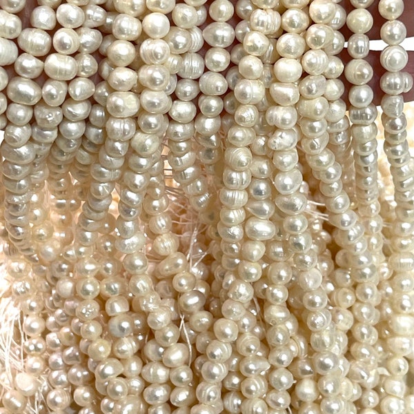 Perlas de agua dulce de color blanco cremoso, 6x7 mm, perlas de patata de marfil medianas, hebra de 14 pulgadas, cuentas, cuentas de piedras preciosas, piedras preciosas naturales