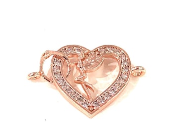 Heart&Tinkerbell Double Loop Rose Gold Plated Charms, Bracelet Charms, Connector Charms