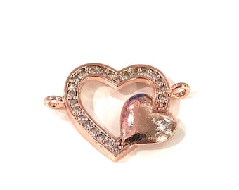 Heart Double Loop Rose Gold Plated Charms, Bracelet Charms, Connector Charms