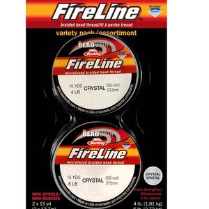 May include: A package of FireLine braided bead thread in a variety pack. The package features two mini spools of crystal-colored thread, each labeled with yardage, weight, and diameter measurements in inches and pounds. The packaging includes the brand names Bead Smith and Berkley.