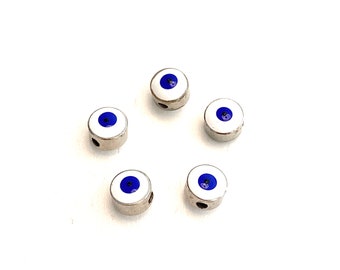 6mm Rhodium Plated Evil Eye Spacers 6mm Rhodium Plated Evil Eye Beads 5 Pcs in a Pack