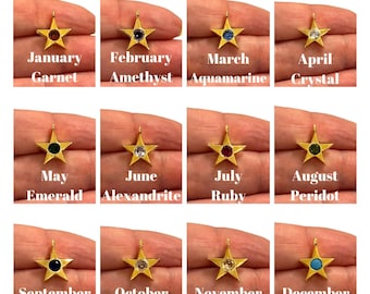 24Kt Gold Plated Star Charms With Birthstone, Gold Birthstone CZ Charms,