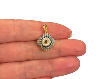 24Kt Gold Plated Blue & Turquoise CZ Clover Pendant – 3D Pavé Cubic Zirconia Four Leaf Charm, 20x14x7mm