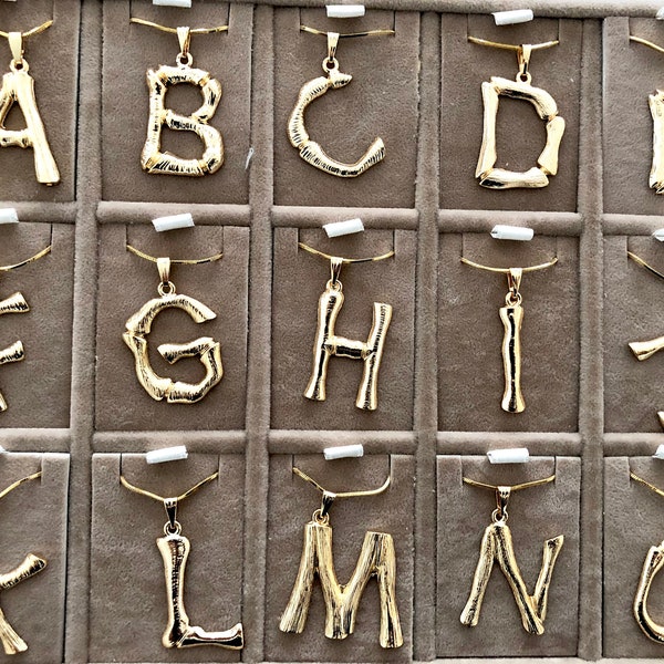 Initial Pendants, Initial Alphabet Letter Pendants  in 18k Gold Tone Bamboo Rustic Style A to Z, Gold Initial Pendants, Initial Necklace